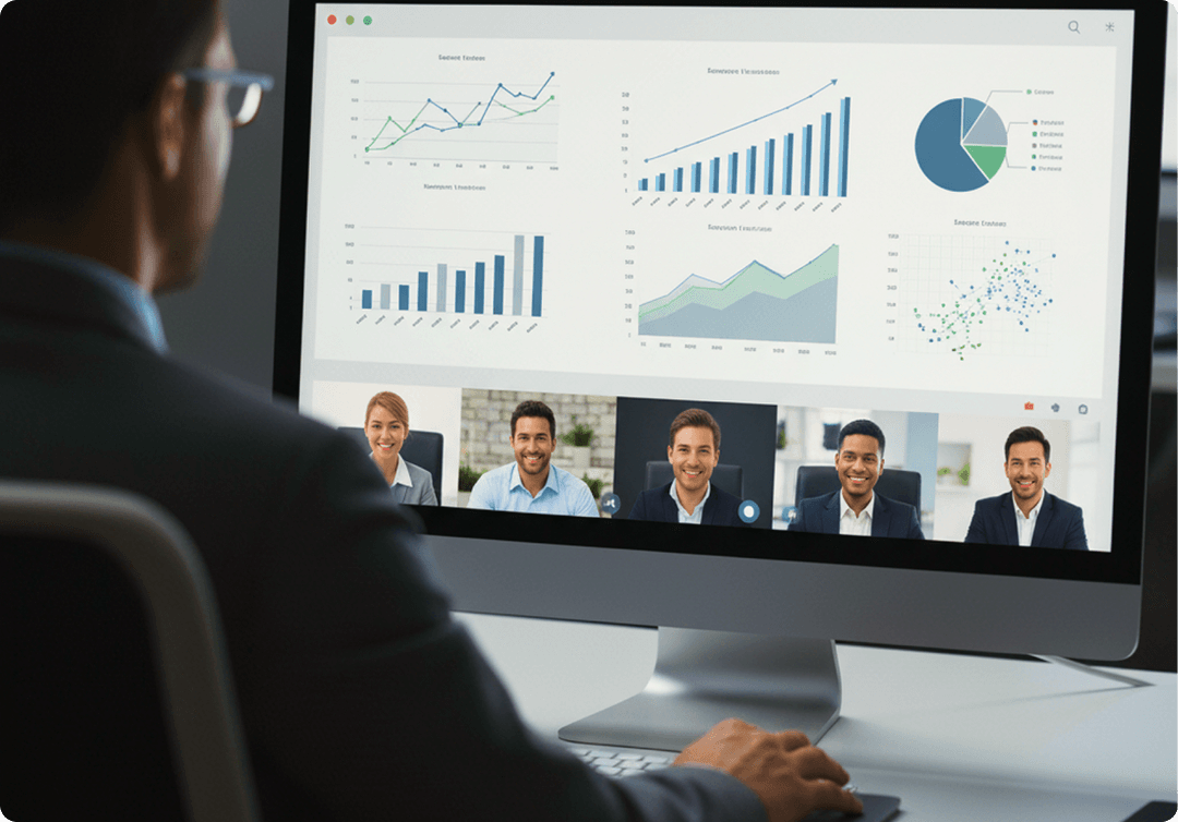 Reunión empresarial con gráficos de IA