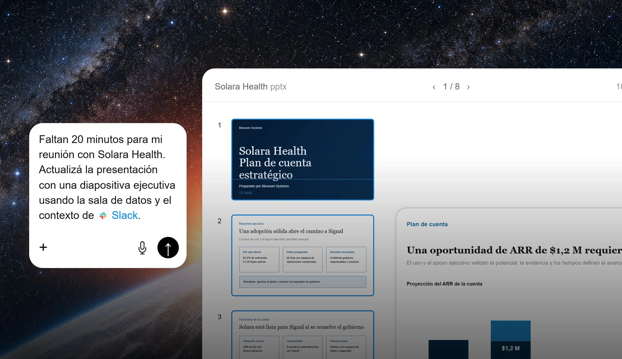 ChatGPT Work prepara una presentación del plan de cuenta de Solara Health, con el pedido y las diapositivas en español.