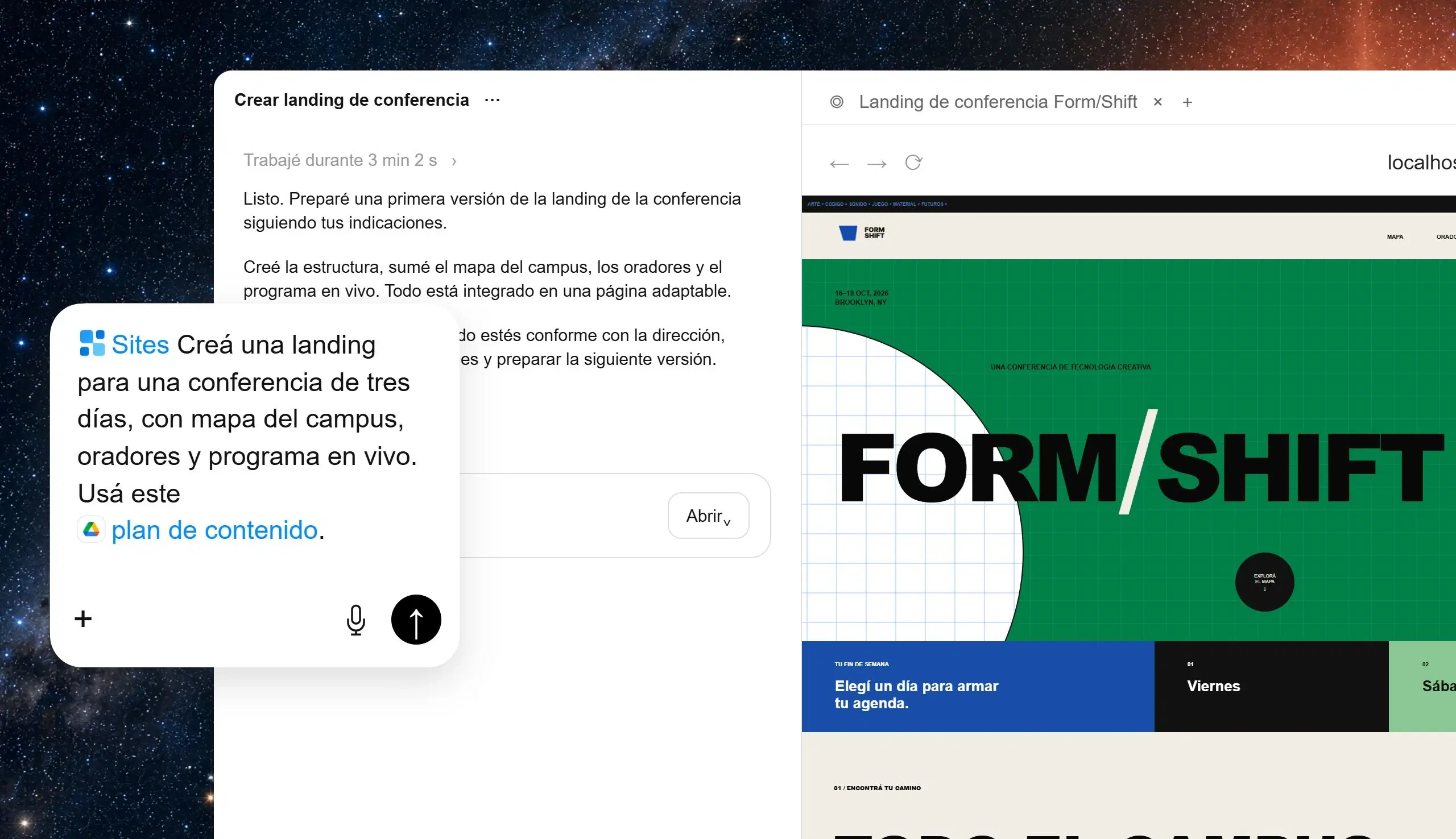 ChatGPT Work crea el sitio de Form/Shift y muestra su vista previa.