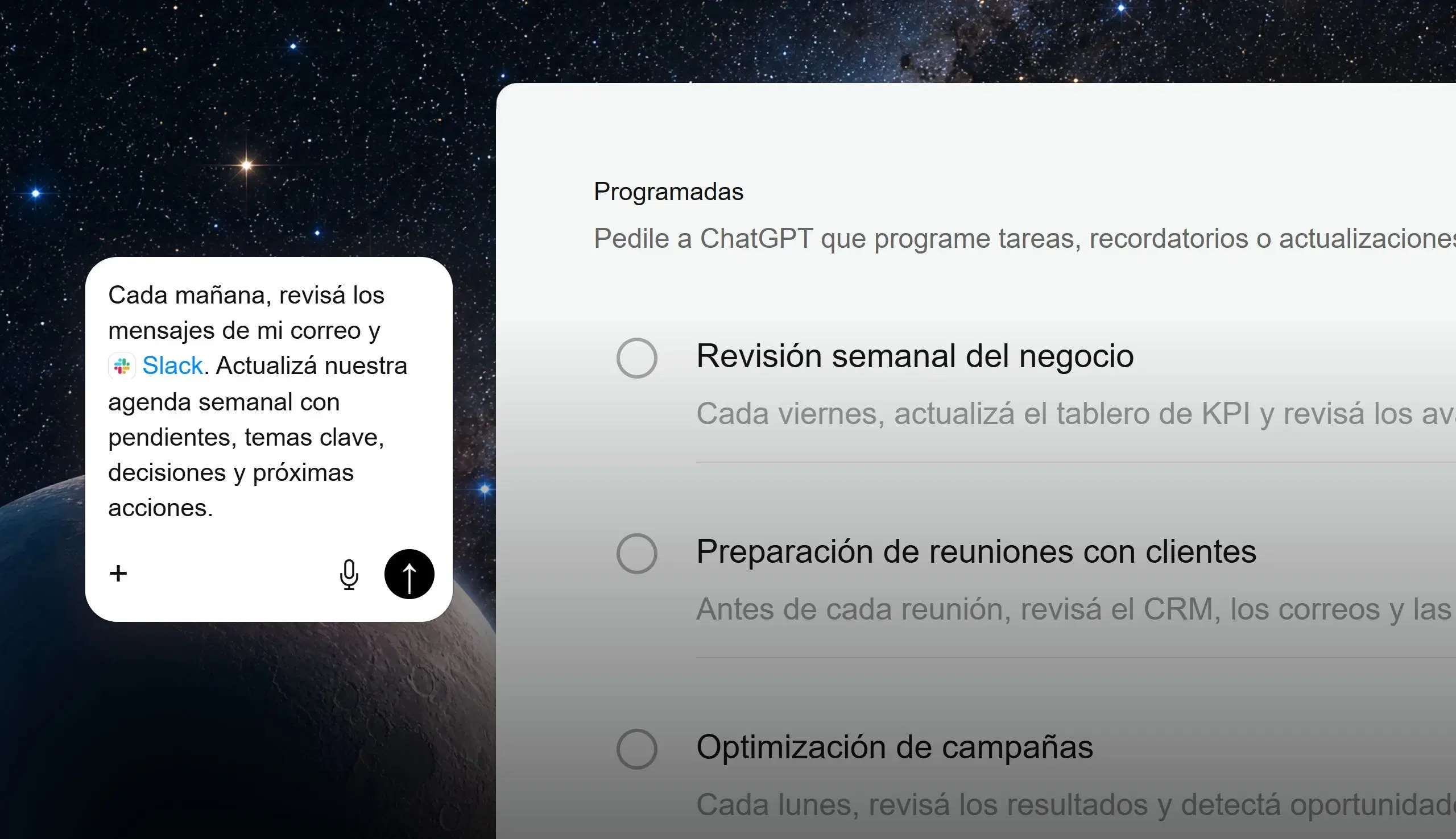 Tareas programadas de revisión de negocio, preparación de reuniones y campañas, con controles en español.